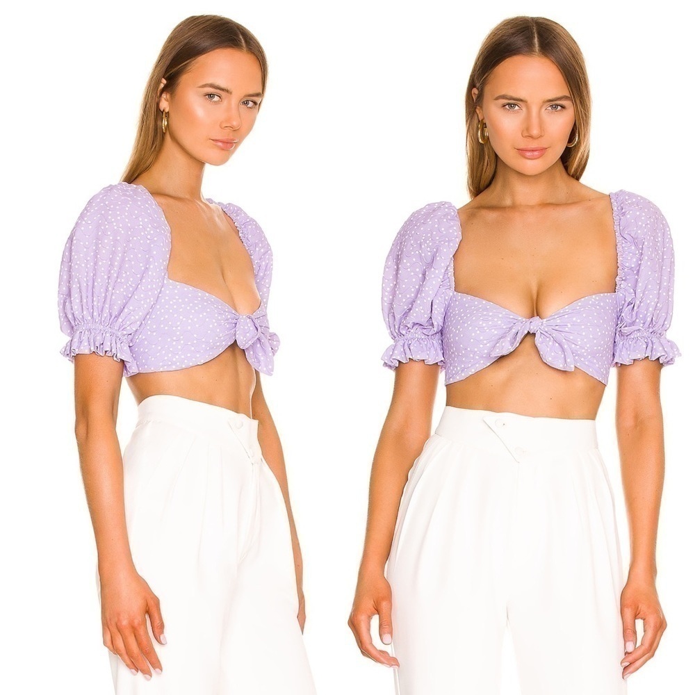 For Love and Lemon- Chelsea Lavender Polka Dot Self Tie Puff Sleeve Crop Top